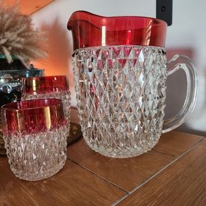 1960s Indiana Glass Diamond Point Cranberry Pitcher and glasses. Set of 5.